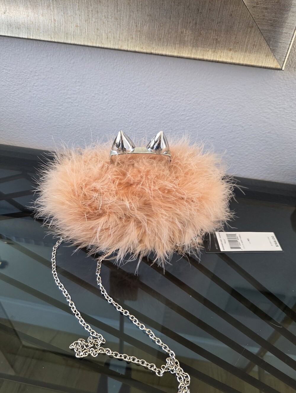 BCBGMaxAzria Peach Feather Key & Card Holder with Silver Spike Detail